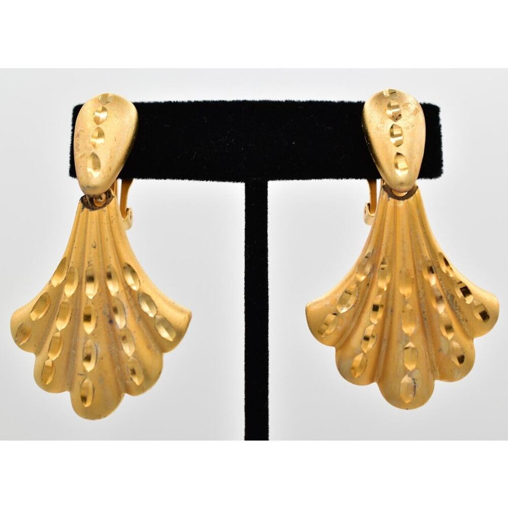 Vintage Clip On Earrings Brushed Gold Knocker Matte Heavy Chunky NOS 1980s BinA6